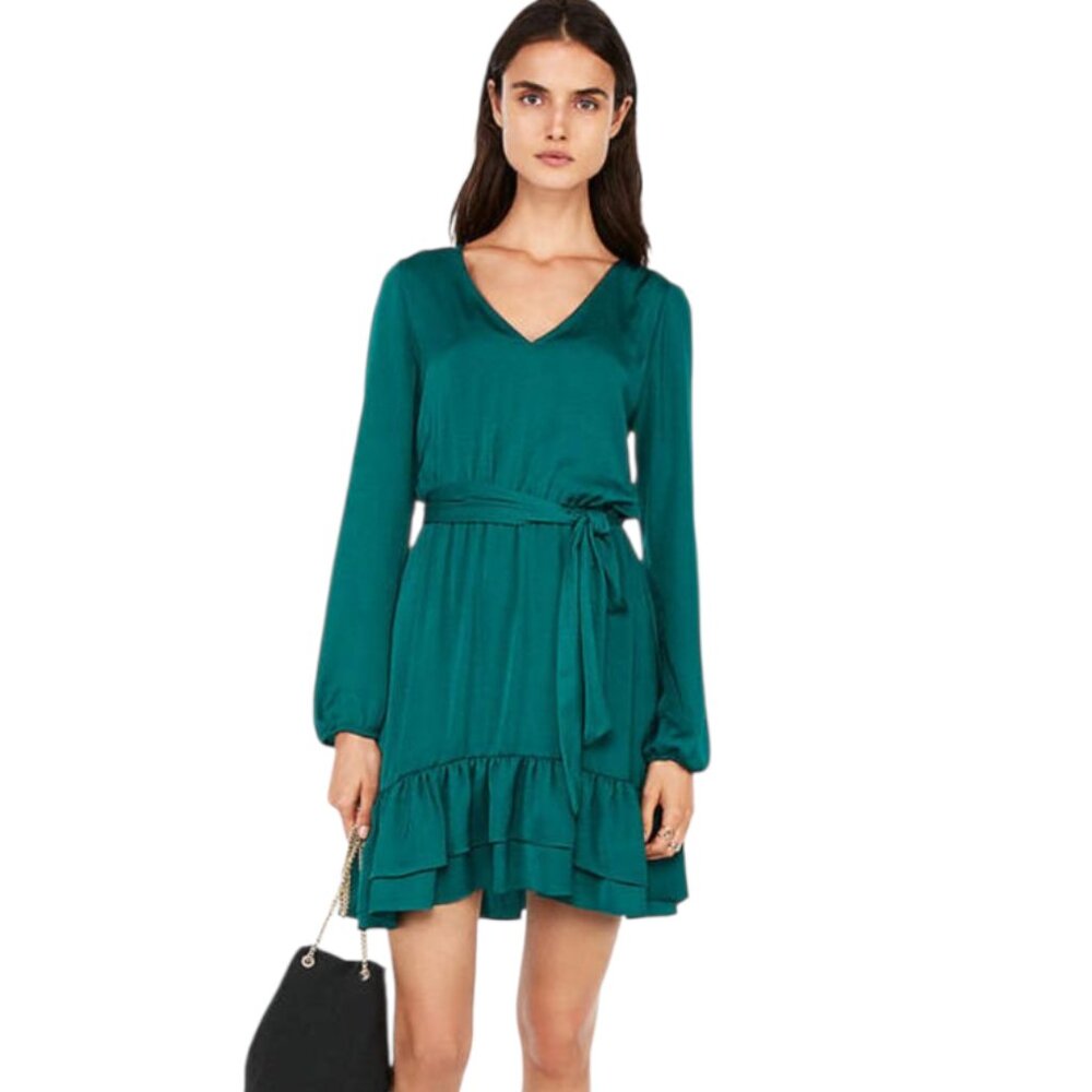 Express Satin Long Sleeve Tie Waist Green Dress